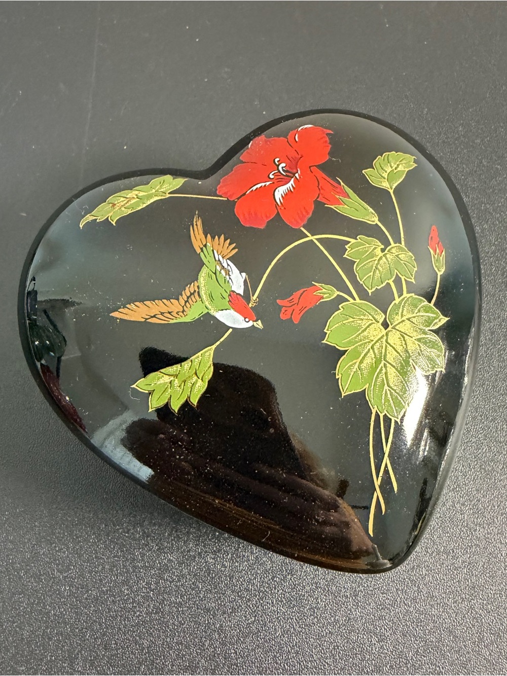 Vintage Black Heart Trinket Box with Red Floral & Green Bird Detail